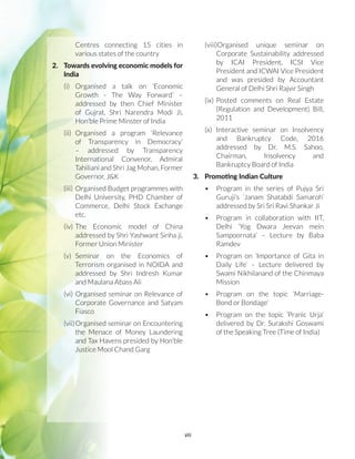 viii
Centres connecting 15 cities in
various states of the country
2.	 Towards evolving economic models for
India
(i)	Organised a talk on ‘Economic
Growth - The Way Forward’ –
addressed by then Chief Minister
of Gujrat, Shri Narendra Modi Ji,
Hon’ble Prime Minster of India
(ii)	Organised a program ‘Relevance
of Transparency in Democracy’
– addressed by Transparency
International Convenor, Admiral
Tahiliani and Shri Jag Mohan, Former
Governor, J&K
(iii)	Organised Budget programmes with
Delhi University, PHD Chamber of
Commerce, Delhi Stock Exchange
etc.
(iv)	The Economic model of China
addressed by Shri Yashwant Sinha ji,
Former Union Minister
(v)	Seminar on the Economics of
Terrorism organised in NOIDA and
addressed by Shri Indresh Kumar
and Maulana Abass Ali
(vi)	Organised seminar on Relevance of
Corporate Governance and Satyam
Fiasco
(vii)	Organised seminar on Encountering
the Menace of Money Laundering
and Tax Havens presided by Hon’ble
Justice Mool Chand Garg
(viii)Organised unique seminar on
Corporate Sustainability addressed
by ICAI President, ICSI Vice
President and ICWAI Vice President
and was presided by Accountant
General of Delhi Shri Rajvir Singh
(ix)	Posted comments on Real Estate
(Regulation and Development) Bill,
2011
(x)	Interactive seminar on Insolvency
and Bankruptcy Code, 2016
addressed by Dr. M.S. Sahoo,
Chairman, Insolvency and
Bankruptcy Board of India
3.	 Promoting Indian Culture
•	 Program in the series of Pujya Sri
Guruji’s ‘Janam Shatabdi Samaroh’
addressed by Sri Sri Ravi Shankar Ji
•	 Program in collaboration with IIT,
Delhi ‘Yog Dwara Jeevan mein
Sampoornata’ – Lecture by Baba
Ramdev
•	 Program on ‘Importance of Gita in
Daily Life’ – Lecture delivered by
Swami Nikhilanand of the Chinmaya
Mission
•	 Program on the topic ‘Marriage-
Bond or Bondage’
•	 Program on the topic ‘Pranic Urja’
delivered by Dr. Surakshi Goswami
of the Speaking Tree (Time of India)
 