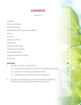 xi
CONTENTS
Foreword		 i
Chairman's Message	 iii
About Ekal Abhiyan	 v
About Bhartiya Vitta Salahkar Samiti (BVSS)	 vii
Preface		 ix
Acronyms		 x
Executive Summary	 1
Introduction	4
Objectives of the Study	 7
Methodology of the Study	 8
Findings/Observations	10	
Suggestions/Recommendations	31
References	33
Annexures:	34
1.	 Regulatory provisions relating to CSR
	 1.1	 Extract of the Companies Act, 2013 and related Rules  Circulars	 35
	 1.2	 Guidelines on CSR  Sustainability for CPSEs	 45
	 1.3 	 SEBI guidelines on CSR and amendment notification	 53
2.	 Summary of CSR Expenditure for the years ended 31.03.2015 and
	 31.03.2016 by the selected 30 companies in tabular form	 55
 