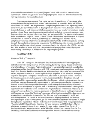 standard and consistent method for quantifying the “value” of CSR and its correlation to a
corporation’s bottom line, given the broad range of programs across the three theatres and the
varying motivations for undertaking them.

         From our case development, field visits, and interviews at dozens of companies, what
stands out most sharply is that there is not a “one-size fits all” CSR model. There are different
catalysts for the various CSR programs that a company might undertake, and depending on the
motivations, the expected outcomes of the programs are also quite varied. For some initiatives, it
is entirely logical to look for measurable business connections and results, but for others, simply
crafting a broad theme around community contribution is sufficient, because the outcomes may
have very important intrinsic value, even if they are not quantifiable. The idea of creating shared
value begins to take shape in Theatre 2, where value is co-created for internal as well as external
stakeholders. In Theatre 3, however, even though the ultimate goal is business driven,
enlightened businesses often view it as a long term opportunity by first focusing on and working
through the social and environmental investments. The CSR debate often becomes muddled by
conflicting ideologies arguing from one camp or another for the inherent value of CSR, when in
fact what we observe is that individual companies typically engage in a variety of programs
motivated by a wide range of perspectives and corporate protagonists.

       Insert Figure 1 Here

Range and Role of Protagonists

         In the 2011 survey of CSR managers, who attended our executive training program,
individuals reported being involved in CSR planning, but having varying degrees of influence
over a broad range of programs. According to our survey, a range of protagonists served as key
actors in each of the three CSR theatres, with CSR executives typically maintaining involvement
in all three domains. Decision makers charged with managing a corporation’s community affairs
efforts played an active role in Theatre 1 philanthropic programs, as did a few line managers
dispersed throughout a company’s business units. The center of gravity in Theatre 2 moved to
the line managers in production, quality control, marketing and other disciplines, although
community affairs managers often remained involved in many initiatives, in some cases having a
significant presence. For example, energy-saving or carbon emissions reduction programs were
handled at the level of the operational managers, while supply chain stewardship effectively
handled by the procurement or logistics team. Yet our survey showed that the CSR manager was
significantly involved in the social and economic programs for the communities affected by the
company’s supply chain. For example, a company in the coffee business, had its procurement
staff monitor and steward its “fair-trade” purchases, while the community affairs department was
responsible for participating in its vendors’ (in this case a coffee co-operative) health and
education programs. In Theatre 3, the strategic nature of the program moved the decision
making to higher levels of management, yet the course attendees reported a small cadre of people
throughout the organization who also had some involvement in ecosystem-changing initiatives.
These included CEOs and Senior Operating Division managers, and CSR Officers. The key
distinction between the three theatres was the decision making process. Most Theatre 1
initiatives were of a bottom-up nature, with CSR efforts initiated and executed from the field,
after being vetted by the community affairs department. Theatre 2 initiatives were usually a



                                                15
 