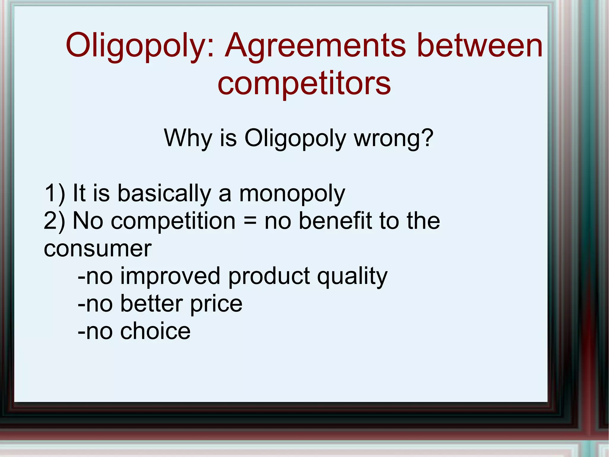 Anti Trust Laws Trust: or corporate monopoly was created for the purpose of eliminating competition in an area of business & of controlling the market for a product 