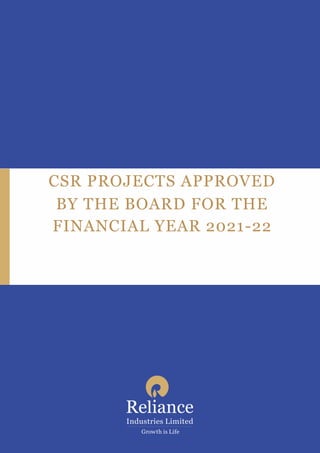 RELIANCE INDUSTRIES LIMITED | CSR APPROVED PROJECTS FOR FY 2021-22
1
CSR PROJECTS APPROVED
BY THE BOARD FOR THE
FINANCIAL YEAR 2021-22
 