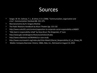 Sources Seeger, M. W.; Sellnow, T. L., & Ulmer, R. R. (1998). "Communication, organization and crisis".  Communication Yearbook   21 : 231–275. Macroeconomics by N. Gregory Mankiw The Public Relations Handbook by Alison Theaker (pp. 115-116 http://www.suite101.com/content/opposition-to-corporate-social-responsibility-a146829 “ Nike back in responsibility rehab ” by Steve Bruin  The Oregonian , 3 rd  June http://www.gdc.net/designers/features/articles124.php http://www.slideshare.net/MsNikki/csr-case-study http://www.sourcewatch.org/index.php?title=Nike#.22Social_Responsibility.22_as_Cheap_PR   Nikebiz: Company Overview: History: 1960s, Nike, Inc., Retrieved on August 12, 2010 
