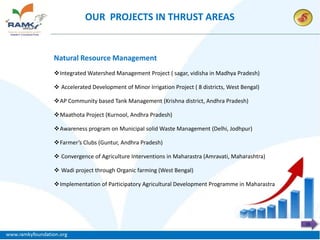 OUR PROJECTS IN THRUST AREAS


Natural Resource Management
Integrated Watershed Management Project ( sagar, vidisha in Madhya Pradesh)

 Accelerated Development of Minor Irrigation Project ( 8 districts, West Bengal)

AP Community based Tank Management (Krishna district, Andhra Pradesh)

Maathota Project (Kurnool, Andhra Pradesh)

Awareness program on Municipal solid Waste Management (Delhi, Jodhpur)

Farmer’s Clubs (Guntur, Andhra Pradesh)

 Convergence of Agriculture Interventions in Maharastra (Amravati, Maharashtra)

 Wadi project through Organic farming (West Bengal)

Implementation of Participatory Agricultural Development Programme in Maharastra




                                                                                    15
 