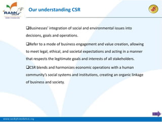 Our understanding CSR


Businesses’ integration of social and environmental issues into
decisions, goals and operations.

Refer to a mode of business engagement and value creation, allowing
to meet legal, ethical, and societal expectations and acting in a manner
that respects the legitimate goals and interests of all stakeholders.

CSR blends and harmonizes economic operations with a human
community’s social systems and institutions, creating an organic linkage
of business and society.




                                                                           5
 