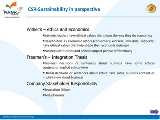 CSR-Sustainability in perspective


Wilber’s – ethics and economics
       business leaders have ethical values that shape the way they do economics
       stakeholders as economic actors (consumers, workers, investors, suppliers)
       have ethical values that help shape their economic behavior
       business institutions and policies impact people differentially
Freeman’s – Integration Thesis
       Business decisions or sentences about business have some ethical
       content, or implicit ethical view
       Ethical decisions or sentences about ethics have some business content or
       implicit view about business
Company Stakeholder Responsibility
       Separation fallacy
       Reductionism



                                                                                    8
 