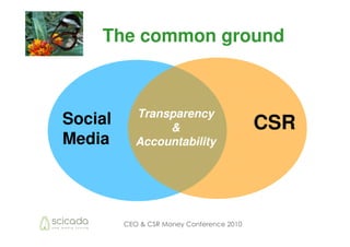 The common ground



            Transparency
Social           &                         CSR
Media       Accountability




         CEO & CSR Money Conference 2010
 