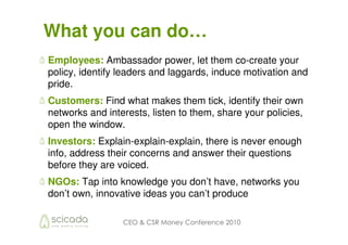 What you can do…
Employees: Ambassador power, let them co-create your
policy, identify leaders and laggards, induce motivation and
pride.
Customers: Find what makes them tick, identify their own
networks and interests, listen to them, share your policies,
open the window.
Investors: Explain-explain-explain, there is never enough
info, address their concerns and answer their questions
before they are voiced.
NGOs: Tap into knowledge you don’t have, networks you
don’t own, innovative ideas you can’t produce

                 CEO & CSR Money Conference 2010
 