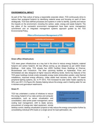 9
ENVIRONMENTAL IMPACT
As part of the Tata culture of being a responsible corporate citizen, TCS continuously strive to
reduce their ecological footprint by identifying material areas and focusing on each of them
strategically. TCS have defined processes and systems in order to identify, quantify and reduce
the impacts on the environment, including the carbon, water, energy and waste footprint. The
key pillars of the successful environment management have been senior management
commitment and an integrated management systems approach guided by the TCS
Environmental Policy.
Green office infrastructure:
TCS views green infrastructure as a key tool in the drive to reduce energy footprint, material
footprint and carbon footprint. All new offices coming up are designed as per LEED Green
Buildings - Gold rating. TCS already has LEED Certified Green Buildings at Chennai,
Bhubaneswar and Trivandrum. The other upcoming facilities at Hyderabad, Pune and
Ahmedabad are also designed at higher resource efficiency levels. Some key features of the
TCS green buildings include onsite renewable energy (solar photovoltaic panels), solar thermal
installations, improved energy efficiency, chiller waste heat recovery units, solar PV based
peripheral lighting systems, etc. In FY 2013, TCS increased its solar water heater capacity by
55% over 2011-12 (Figure 20), thereby helping reduce the energy used in heating water for use
in kitchens and gymnasium washrooms.
Green IT:
TCS has undertaken a series of initiatives to reduce
the energy footprint of our data centres and computer
workstations, such as server virtualization and
consolidation, data center power management, server
cooling load management, shift to blade servers,
procurement of energy-star rated equipment, remote
desktop control, desktop virtualization projects to help reduce the energy consumption further by
consolidating individual CPU loads on a single server for load optimization, etc.
40% Reduction in per capita carbon
footprint
76% Reduction in per capita paper
consumption
 
