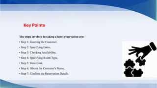 The steps involved in taking a hotel reservation are:
• Step 1: Greeting the Customer,
• Step 2: Specifying Dates,
• Step 3: Checking Availability,
• Step 4: Specifying Room Type,
• Step 5: State Cost,
• Step 6: Obtain the Customer's Name,
• Step 7: Confirm the Reservation Details.
Key Points
 