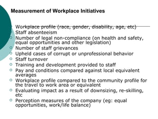 Measurement of Workplace Initiatives












Workplace profile (race, gender, disability, age, etc)
Staff absenteeism
Number of legal non-compliance (on health and safety,
equal opportunities and other legislation)
Number of staff grievances
Upheld cases of corrupt or unprofessional behavior
Staff turnover
Training and development provided to staff
Pay and conditions compared against local equivalent
averages
Workplace profile compared to the community profile for
the travel to work area or equivalent
Evaluating impact as a result of downsizing, re-skilling,
etc
Perception measures of the company (eg: equal
opportunities, work/life balance)

 