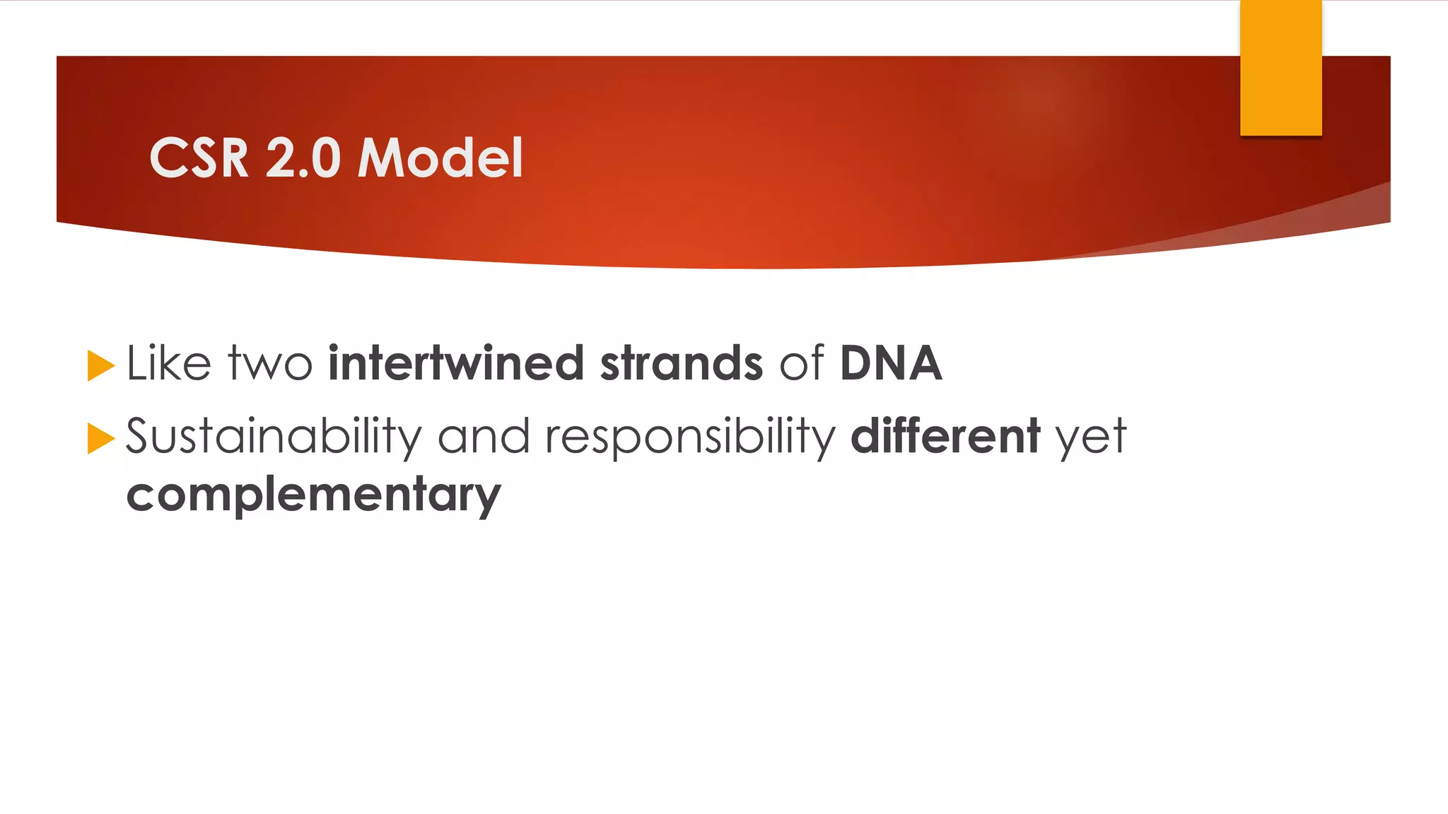 CSR 2.0 Model
 Like two intertwined strands of DNA
 Sustainability and responsibility different yet
complementary
 