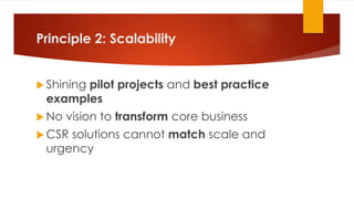 Principle 2: Scalability
 Shining pilot projects and best practice
examples
 No vision to transform core business
 CSR solutions cannot match scale and
urgency
 