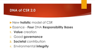 DNA of CSR 2.0
 New holistic model of CSR
 Essence - Four DNA Responsibility Bases
1. Value creation
2. Good governance
3. Societal contribution
4. Environmental integrity
 