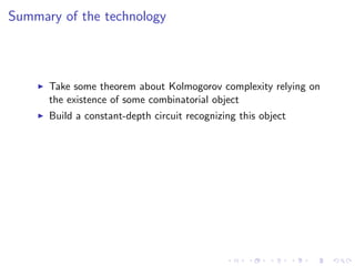 Summary of the technology



      Take some theorem about Kolmogorov complexity relying on
      the existence of some combinatorial object
      Build a constant-depth circuit recognizing this object
 