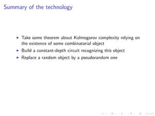 Summary of the technology



      Take some theorem about Kolmogorov complexity relying on
      the existence of some combinatorial object
      Build a constant-depth circuit recognizing this object
      Replace a random object by a pseudorandom one
 