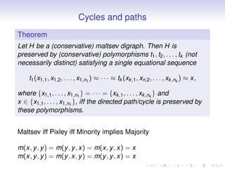 Cycles and paths
Theorem
Let H be a (conservative) maltsev digraph. Then H is
preserved by (conservative) polymorphisms t1 , t2 , . . . , tk (not
necessarily distinct) satisfying a single equational sequence

    t1 (x1,1 , x1,2 , . . . , x1,n1 ) ≈ · · · ≈ tk (xk ,1 , xn,2 , . . . , xk ,nk ) ≈ x,

where {x1,1 , . . . , x1,n1 } = · · · = {xk ,1 , . . . , xk ,nk } and
x ∈ {x1,1 , . . . , x1,n1 }, iff the directed path/cycle is preserved by
these polymorphisms.


Maltsev iff Pixley iff Minority implies Majority

m(x, y , y ) = m(y , y , x) = m(x, y , x) = x
m(x, y , y ) = m(y , x, y ) = m(y , y , x) = x
 