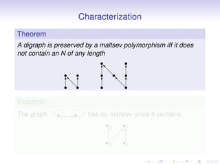 Characterization
Theorem
A digraph is preserved by a maltsev polymorphism iff it does
not contain an N of any length
                             s     s
                             Ts
                              d    T
                  s  s       s ds  s
                  T T
                  s
                  d          T d T
                                s
                  s ds       s    ds

Example
The graph    •0    /
                   •1    has no maltsev since it contains
                              •O0     •
                                      ? O1
                                   
                                 
                              •0 •1
 