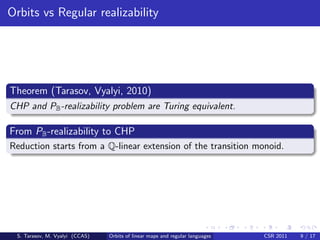 Orbits vs Regular realizability




Theorem (Tarasov, Vyalyi, 2010)
CHP and PB -realizability problem are Turing equivalent.

From PB -realizability to CHP
Reduction starts from a Q-linear extension of the transition monoid.




 S. Tarasov, M. Vyalyi (CCAS)   Orbits of linear maps and regular languages   CSR 2011   9 / 17
 