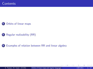 Contents




1    Orbits of linear maps


2    Regular realizability (RR)


3    Examples of relation between RR and linear algebra




    S. Tarasov, M. Vyalyi (CCAS)   Orbits of linear maps and regular languages   CSR 2011   2 / 17
 