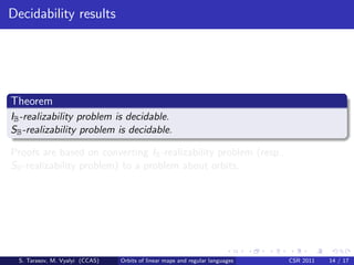 Decidability results




Theorem
IB -realizability problem is decidable.
SB -realizability problem is decidable.

Proofs are based on converting IB -realizability problem (resp.,
SB -realizability problem) to a problem about orbits.




 S. Tarasov, M. Vyalyi (CCAS)   Orbits of linear maps and regular languages   CSR 2011   14 / 17
 