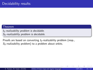Decidability results




Theorem
IB -realizability problem is decidable.
SB -realizability problem is decidable.

Proofs are based on converting IB -realizability problem (resp.,
SB -realizability problem) to a problem about orbits.




 S. Tarasov, M. Vyalyi (CCAS)   Orbits of linear maps and regular languages   CSR 2011   14 / 17
 