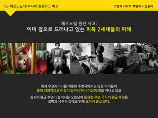체르노빌 원전 사고:
이미 겉으로 드러나고 있는 피폭 2세대들의 피해
현재 우크라이나를 비롯한 주변국에서는 많은 아이들이
몸에 외형적으로 이상이 있거나 하나 이상의 병을 지니고 있음
심지어 평균 수명이 늘어나는 오늘날에 동유럽 주변 국가의 평균 수명은
질병과 유전적 장애로 인해 오히려 줄고 있다.
03 체르노빌/후쿠시마 원전사고 비교 기업의 사회적 책임과 기업윤리
 