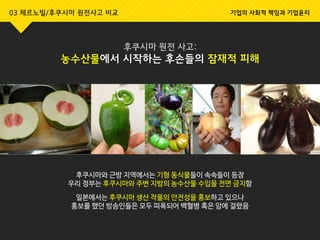 후쿠시마와 근방 지역에서는 기형 동식물들이 속속들이 등장
우리 정부는 후쿠시마와 주변 지방의 농수산물 수입을 전면 금지함
일본에서는 후쿠시마 생산 작물의 안전성을 홍보하고 있으나
홍보를 했던 방송인들은 모두 피폭되어 백혈병 혹은 암에 걸렸음
03 체르노빌/후쿠시마 원전사고 비교 기업의 사회적 책임과 기업윤리
후쿠시마 원전 사고:
농수산물에서 시작하는 후손들의 잠재적 피해
 