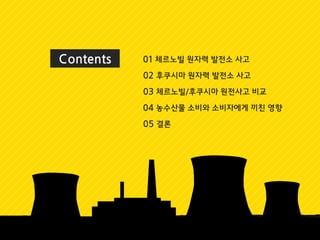 Contents 01 체르노빌 원자력 발전소 사고
02 후쿠시마 원자력 발전소 사고
03 체르노빌/후쿠시마 원전사고 비교
04 농수산물 소비와 소비자에게 끼친 영향
05 결론
 