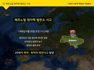 1986년 4월 26일 오전 1시 24분
원자로의 가동 중단에 대비한 실험
운전원의 결정적 실수
원자로 출력 폭주
체르노빌 원자력 발전소 사고
20세기 최대  최악의 원전사고 발생
01 체르노빌 원자력 발전소 사고 기업의 사회적 책임과 기업윤리
 