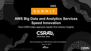 © 2017, Amazon Web Services, Inc. or its Affiliates. All rights reserved.
Dave Vennergrund, CSRA Director Data and Analytics
June 13, 2017
AWS Big Data and Analytics Services
Speed Innovation
How CSRA helps agencies rapidly find mission insights
 