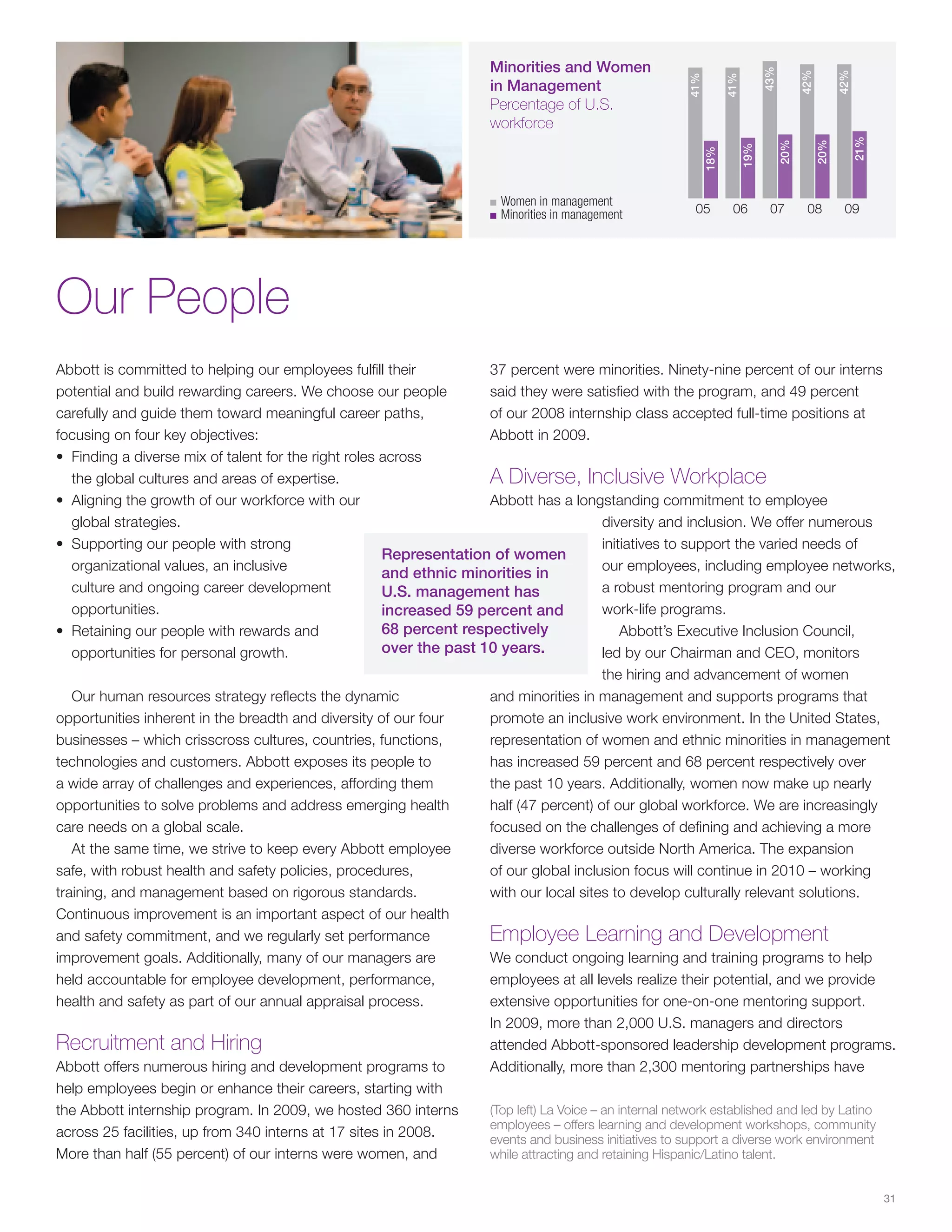 Minorities and Women




                                                                                                                                 43%


                                                                                                                                             42%


                                                                                                                                                         42%
                                                                                                         41%


                                                                                                                     41%
                                                                        in Management
                                                                        Percentage of U.S.
                                                                        workforce




                                                                                                                                                               21%
                                                                                                                                       20%


                                                                                                                                                   20%
                                                                                                                           19%
                                                                                                               18%
                                                                        ■	Women	in	management
                                                                        ■	Minorities	in	management
                                                                                                          05          06          07          08          09




Our People
Abbott is committed to helping our employees fulfill their           37 percent were minorities. Ninety-nine percent of our interns
potential and build rewarding careers. We choose our people          said they were satisfied with the program, and 49 percent
carefully and guide them toward meaningful career paths,             of our 2008 internship class accepted full-time positions at
focusing on four key objectives:                                     Abbott in 2009.
• Finding a diverse mix of talent for the right roles across
   the global cultures and areas of expertise.                       A Diverse, Inclusive Workplace
• Aligning the growth of our workforce with our                      Abbott has a longstanding commitment to employee
   global strategies.                                                                      diversity and inclusion. We offer numerous
• Supporting our people with strong                                                        initiatives to support the varied needs of
                                                      Representation of women
   organizational values, an inclusive                                                     our employees, including employee networks,
                                                      and ethnic minorities in
   culture and ongoing career development             U.S. management has                  a robust mentoring program and our
   opportunities.                                     increased 59 percent and             work-life programs.
• Retaining our people with rewards and               68 percent respectively                  Abbott’s Executive Inclusion Council,
   opportunities for personal growth.                 over the past 10 years.              led by our Chairman and CEO, monitors
                                                                                           the hiring and advancement of women
   Our human resources strategy reflects the dynamic                 and minorities in management and supports programs that
opportunities inherent in the breadth and diversity of our four      promote an inclusive work environment. In the United States,
businesses – which crisscross cultures, countries, functions,        representation of women and ethnic minorities in management
technologies and customers. Abbott exposes its people to             has increased 59 percent and 68 percent respectively over
a wide array of challenges and experiences, affording them           the past 10 years. Additionally, women now make up nearly
opportunities to solve problems and address emerging health          half (47 percent) of our global workforce. We are increasingly
care needs on a global scale.                                        focused on the challenges of defining and achieving a more
   At the same time, we strive to keep every Abbott employee         diverse workforce outside North America. The expansion
safe, with robust health and safety policies, procedures,            of our global inclusion focus will continue in 2010 – working
training, and management based on rigorous standards.                with our local sites to develop culturally relevant solutions.
Continuous improvement is an important aspect of our health
and safety commitment, and we regularly set performance              Employee Learning and Development
improvement goals. Additionally, many of our managers are            We conduct ongoing learning and training programs to help
held accountable for employee development, performance,              employees at all levels realize their potential, and we provide
health and safety as part of our annual appraisal process.           extensive opportunities for one-on-one mentoring support.
                                                                     In 2009, more than 2,000 U.S. managers and directors
Recruitment and Hiring                                               attended Abbott-sponsored leadership development programs.
Abbott offers numerous hiring and development programs to            Additionally, more than 2,300 mentoring partnerships have
help employees begin or enhance their careers, starting with
the Abbott internship program. In 2009, we hosted 360 interns        (Top left) La Voice – an internal network established and led by Latino
                                                                     employees – offers learning and development workshops, community
across 25 facilities, up from 340 interns at 17 sites in 2008.       events and business initiatives to support a diverse work environment
More than half (55 percent) of our interns were women, and           while attracting and retaining Hispanic/Latino talent.


                                                                                                                                                                     31
 
