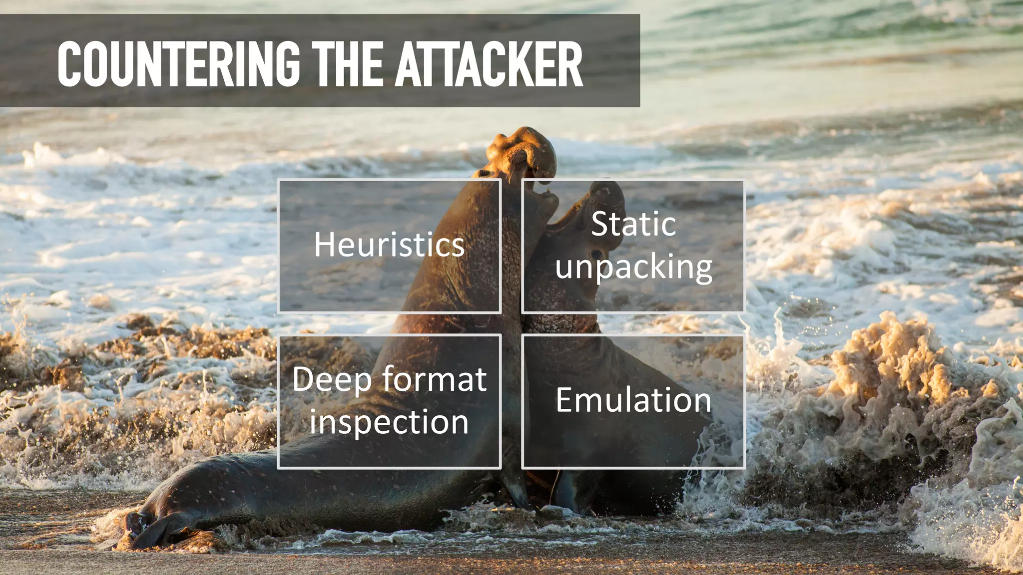 COUNTERING THE ATTACKER
Heuristics
Static
unpacking
Deep format
inspection
Emulation
 
