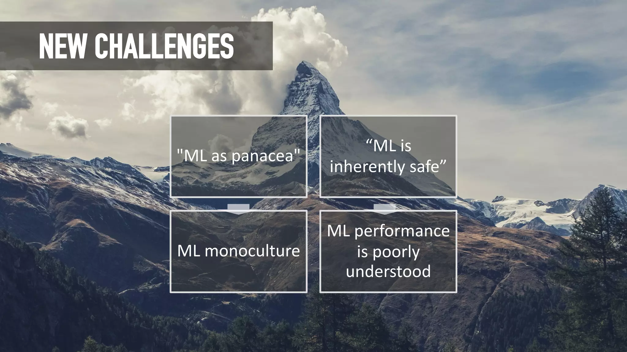 NEW CHALLENGES
"ML as panacea"
“ML is
inherently safe”
ML monoculture
ML performance
is poorly
understood
 