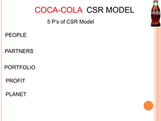 COCA-COLA CSR MODEL 
PEOPLE 
PARTNERS 
PORTFOLIO 
PROFIT 
PLANET 
5 P’s of CSR Model 
 