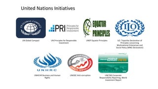 United Nations Initiatives
UN Global Compact UN Principles for Responsible
Investment
UNEP Equator Principles ILO Tripartite Declaration of
Principles concerning
Multinational Enterprises and
Social Policy (MNE Declaration)
UNHCHR Business and Human
Rights
UNODC Anti-corruption UNCTAD Corporate
Responsibility Reporting, World
Investment Report
 