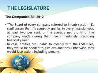 THE LEGISLATURE
The Companies Bill 2012
• “The Board of every company referred to in sub-section (1),
shall ensure that the company spends, in every financial year,
at least two per cent. of the average net profits of the
company made during the three immediately preceding
financial years”
• In case, entities are unable to comply with the CSR rules,
they would be needed to give explanations. Otherwise, they
would face action, including penalty.
 