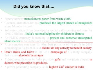 Did you know that….
• Paper company manufactures paper from waste cloth.
• Chemical manufacturer has protected the largest stretch of mangroves
along Mumbai’s coast
• Software company has developed a special call receiving software for
1098-Childline , India’s national helpline for children in distress
• An FMCG company is working to protect and conserve endangered
plant species in India through re-forestation programmes
• A construction company (in Mumbai) posted a 60 % profit in 2010
amounting to Rs.1400 cr. and did not do any activity to benefit society
• Don’t Drink and Drive is the CSR campaign of a leading company
that makes alcoholic beverages
• A drug manufacturer in India provides gifts and vacations abroad to
doctors who prescribe its products.
• A power generating company is the highest CO2 emitter in India
 