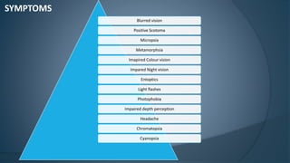 Blurred vision
Positive Scotoma
Micropsia
Metamorphsia
Imapired Colour vision
Impared Night vision
Entoptics
Light flashes
Photophobia
Impaired depth perception
Headache
Chromatopsia
Cyanopsia
SYMPTOMS
 