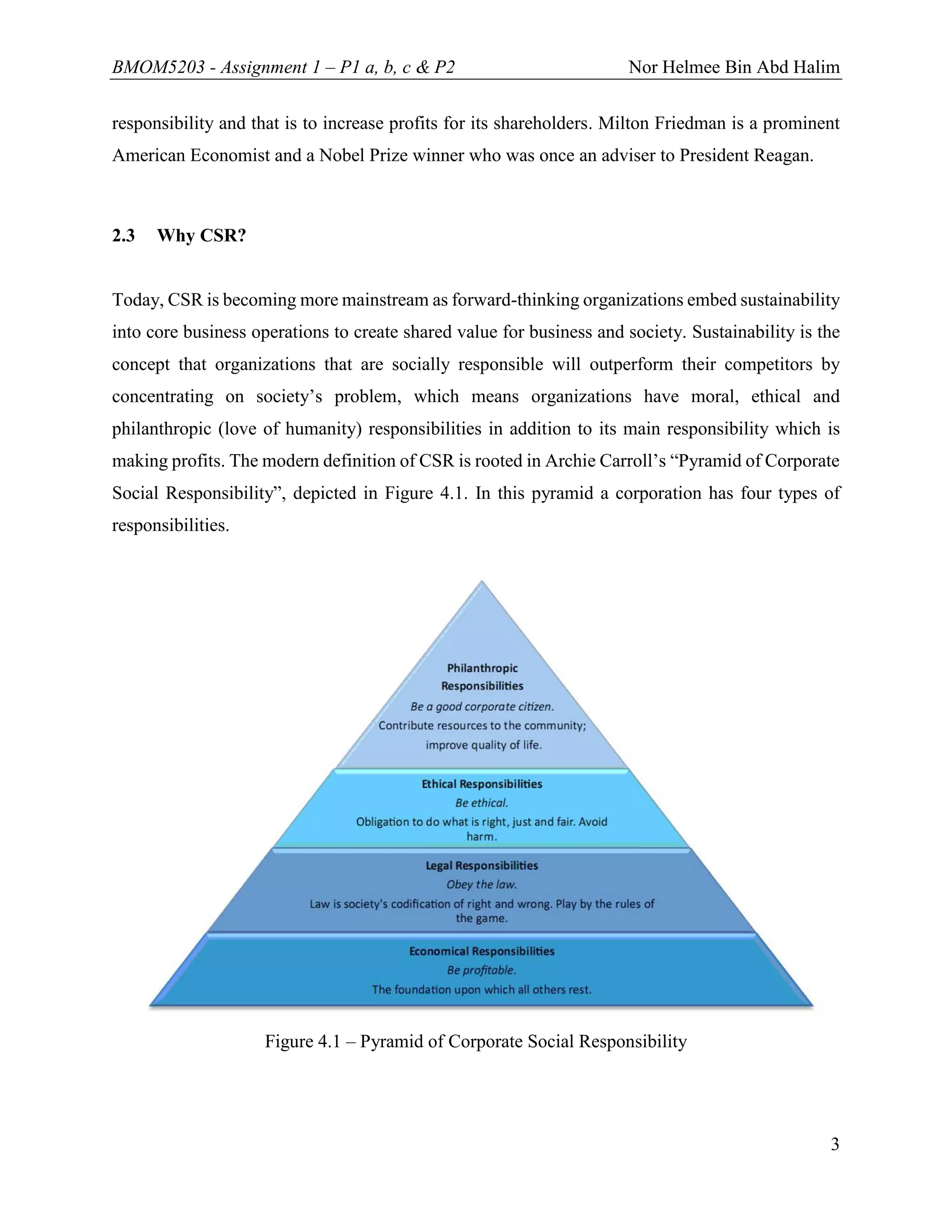 BMOM5203 - Assignment 1 – P1 a, b, c & P2 Nor Helmee Bin Abd Halim
3
responsibility and that is to increase profits for its shareholders. Milton Friedman is a prominent
American Economist and a Nobel Prize winner who was once an adviser to President Reagan.
2.3 Why CSR?
Today, CSR is becoming more mainstream as forward-thinking organizations embed sustainability
into core business operations to create shared value for business and society. Sustainability is the
concept that organizations that are socially responsible will outperform their competitors by
concentrating on society’s problem, which means organizations have moral, ethical and
philanthropic (love of humanity) responsibilities in addition to its main responsibility which is
making profits. The modern definition of CSR is rooted in Archie Carroll’s “Pyramid of Corporate
Social Responsibility”, depicted in Figure 4.1. In this pyramid a corporation has four types of
responsibilities.
Figure 4.1 – Pyramid of Corporate Social Responsibility
 