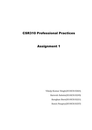 CSR310 Professional Practices
Assignment 1
Vikalp Kumar Singh(2010CS10264)
Sarvesh Sahota(2010CS10249)
Kangkan Boro(2010CS10221)
Somit Pangtey(2010CS10257)
 