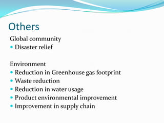 Others
Global community
 Disaster relief

Environment
 Reduction in Greenhouse gas footprint
 Waste reduction
 Reduction in water usage
 Product environmental improvement
 Improvement in supply chain
 