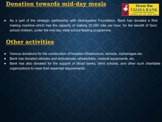 Donation towards mid-day meals
● As a part of the strategic partnership with Akshaypatra Foundation, Bank has donated a Roti
making machine which has the capacity of making 20,000 rotis per hour, for the benefit of Govt.
school children, under the mid-day meal school feeding programme.
Other activities
● Various donations for the construction of hospital infrastructure, schools, orphanages etc.
● Bank has donated vehicles and ambulances, wheelchairs, medical equipments, etc.
● Bank has also donated for the support of blood banks, blind schools, and other such charitable
organizations to meet their essential requirements.
 