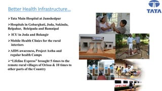 Tata Main Hospital at Jamshedpur
Hospitals in Gobarghati, Joda, Sukinda,
Belpahar, Beleipada and Bamnipal
 ICU in Joda and Bolangir
Mobile Health Clinics for the rural
interiors
AIDS awareness, Project Astha and
regular health Camps
“Lifeline Express” brought 5 times to the
remote rural villages of Orissa & 10 times to
other parts of the Country
Better Health Infrastructure…
 