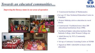 13
Early Child Education Centre
Camp school
Adult Literacy classes
ECE Teacher Orientation Training
Towards an educated communities…
Improving the literacy status in our areas of operation
 Constructed Institute of Mathematics
Set up J N Tata Technical Education Centre in
Gopalpur
 Project Shikshya drives education in rural
Orissa
 Constructed / Facilitated more than 200
educational institutions from 1990s
 Facilitated higher education institutes like
Sukinda College, Joda Women College etc
 Adult literacy by TCS, Community
education
 Set up a Centenary Learning Centre at XIMB
 Signed an MOU with KISS to foster tribal
education
 