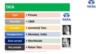 Tata (background)
Business Ethics @ TATA Professional Practice| AP-7| 2007-11| NIFT-B 5
TATA
• Private
Type
• 1868
Founded
• Jamshetji Tata
Founder
• Mumbai, India
Headquarters
• Worldwide
Area served
• Ratan Tata
Key people
 