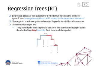 Regression Trees (RT)
Regression Trees are non parametric methods that partition the predictor
space X into homogeneous subsets with respect to the dependent variable Y
They explain non-linear patterns between dependent variable and covariates
The main advantages are:
They identify the most important variables and corresponding split points
thereby finding risky/non risky final zone (and their paths)
Marika Vezzoli
University of Brescia
 