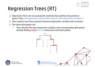 Regression Trees (RT)
Regression Trees are non parametric methods that partition the predictor
space X into homogeneous subsets with respect to the dependent variable Y
They explain non-linear patterns between dependent variable and covariates
The main advantages are:
They identify the most important variables and corresponding split points
thereby finding risky/non risky final zone (and their paths)
Marika Vezzoli
University of Brescia
 