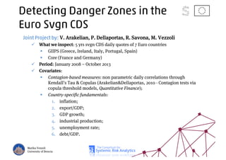 Detecting Danger Zones in the
Euro Svgn CDS
Joint Project by: V. Arakelian, P. Dellaportas, R. Savona, M. Vezzoli
What we inspect: 5 yrs svgn CDS daily quotes of 7 Euro countries
GIIPS (Greece, Ireland, Italy, Portugal, Spain)
Core (France and Germany)
Period: January 2008 – October 2013
Covariates:
Contagion-based measures: non parametric daily correlations through
Kendall’s Tau & Copulas (Arakelian&Dellaportas, 2010 - Contagion tests via
copula threshold models, Quantitative Finance);
Country-specific fundamentals:
1. inflation;
2. export/GDP;
3. GDP growth;
4. industrial production;
5. unemployment rate;
6. debt/GDP.
Marika Vezzoli
University of Brescia
 