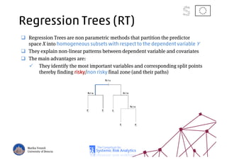 Regression Trees (RT)
Regression Trees are non parametric methods that partition the predictor
space X into homogeneous subsets with respect to the dependent variable Y
They explain non-linear patterns between dependent variable and covariates
The main advantages are:
They identify the most important variables and corresponding split points
thereby finding risky/non risky final zone (and their paths)
Marika Vezzoli
University of Brescia
 