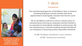 Through Seva, we aim to
encourage a culture of
empathy and action
among our colleagues.
7. SEVA
Volunteering
12
The volunteering programme of Tata Motors, Seva, is aimed at
providing employees and their families with varied
opportunities to meaningfully volunteer their time for social
causes.
We at Tata Motors continue to nurture a vibrant culture of
volunteering by involving our employees and their families in
our aspiration to meaningfully contribute to social causes. We
see volunteering as a character building activity that helps all
our employees in becoming socially responsible individuals.
11,130 - Employees volunteered in various initiatives
47,151 - Working hours contributed
 